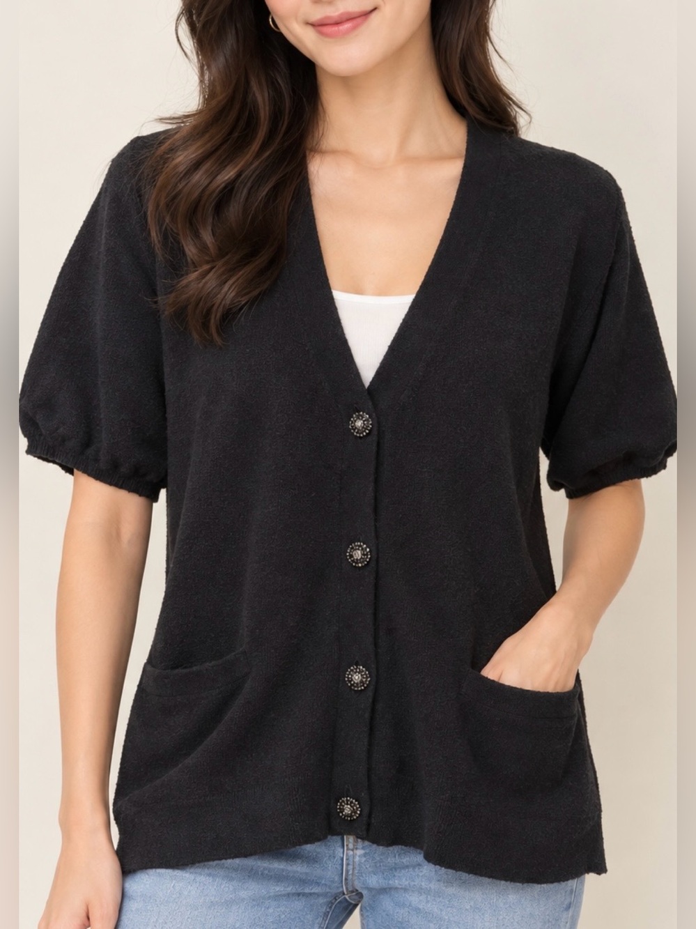 NWT Talbots V-Neck Short Sleeve Jewel Button Front Cardigan Sweater - Black - M